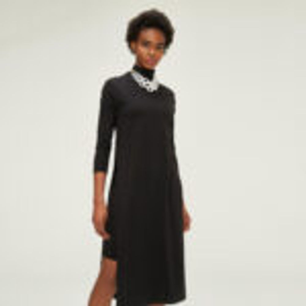 Stand Up Collar Double Skirted Cotton Comfort Cut Dress Black