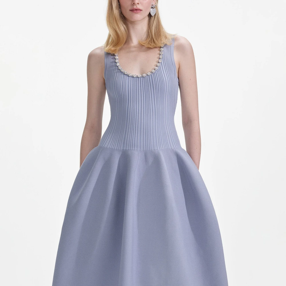Wylie Grey | Blue Ribbed Knit Diamante Midi Dress