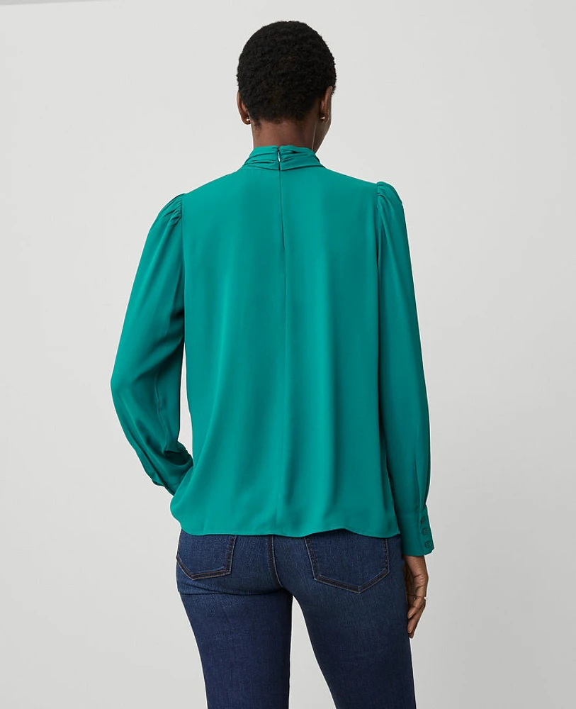 Ann Taylor Mock Tie Neck Puff Sleeve Blouse Green Marais