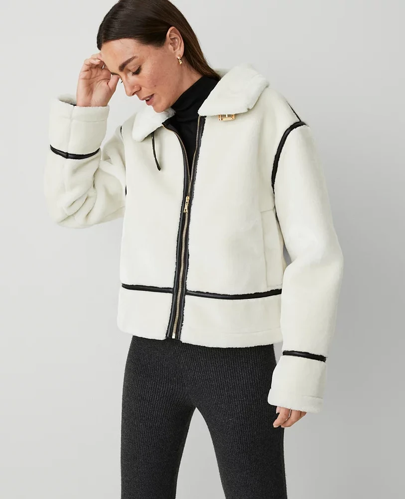 Ann Taylor Petite Zip Front Shearling Collar Moto Jacket