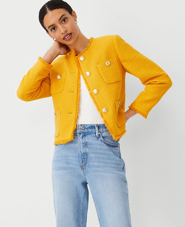 Ann Taylor The Short Patch Pocket Jacket Fringe Tweed Spring