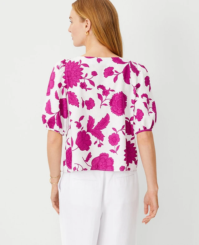 Ann Taylor Petite Floral Linen Blend Boatneck Popover Top