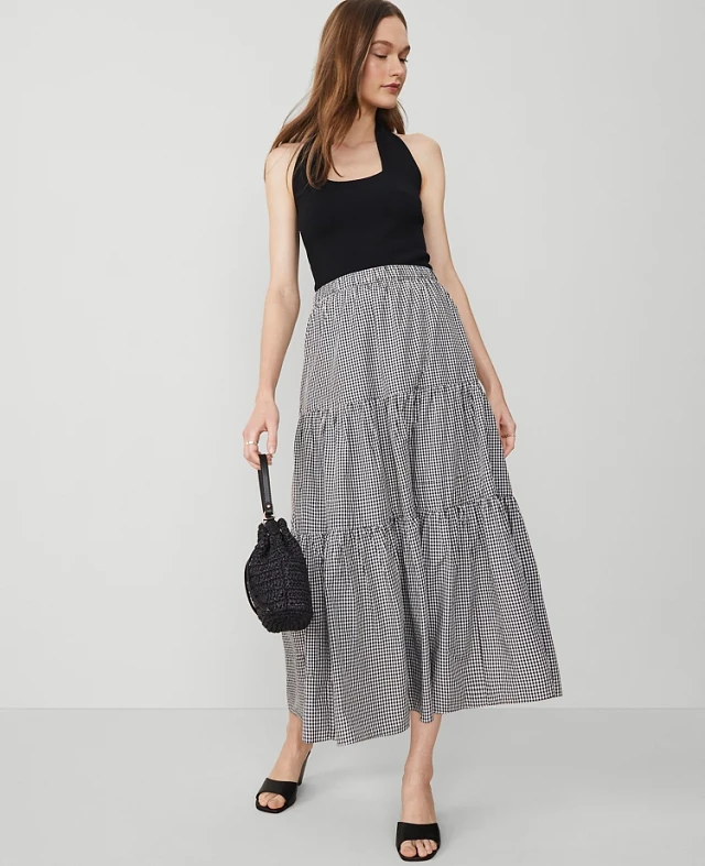 Ann Taylor Gingham Taffeta Tiered Skirt Checkered Black And