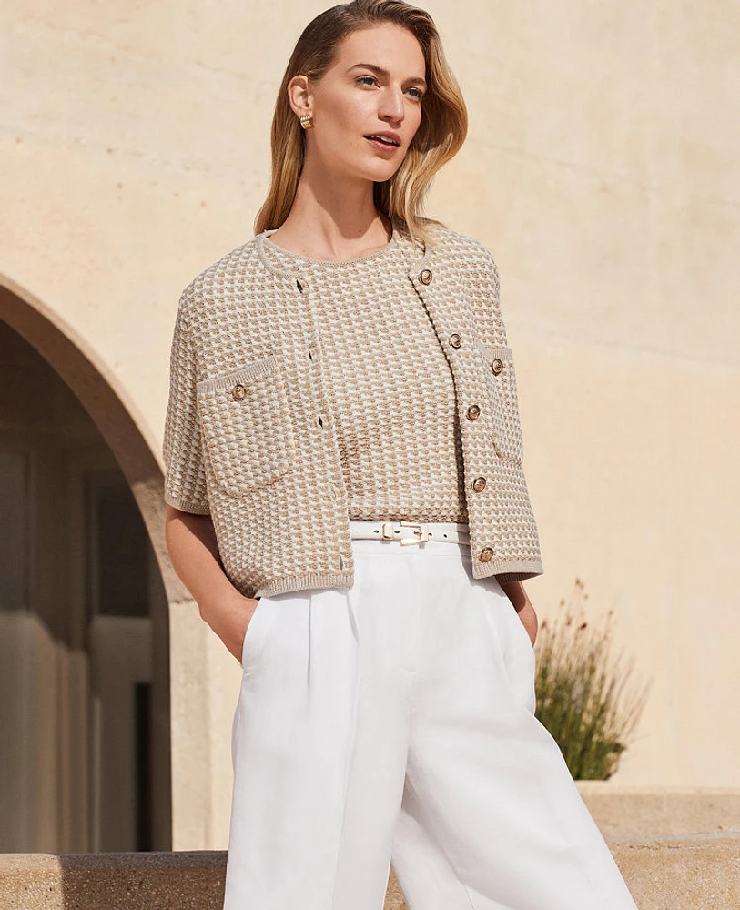 Ann Taylor Shimmer Tweedy Short Sleeve Jacket Camel Combo