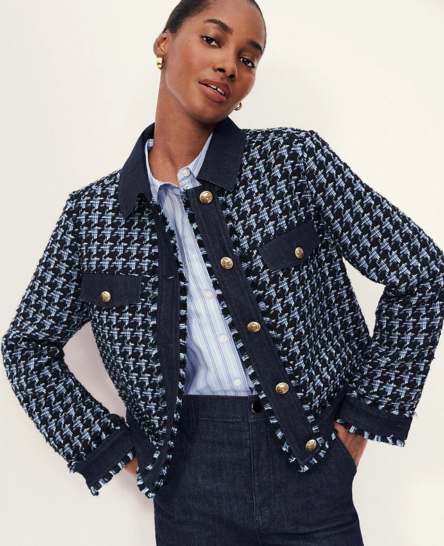 Ann Taylor Houndstooth Fringe Tweed Denim Jacket Black Women's at