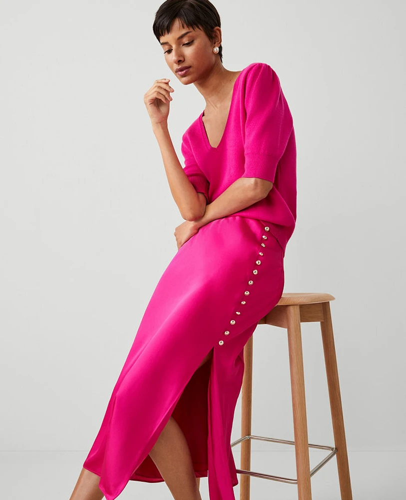 Ann Taylor Covered Button Top Blouse Hot PINK Long Sleeve