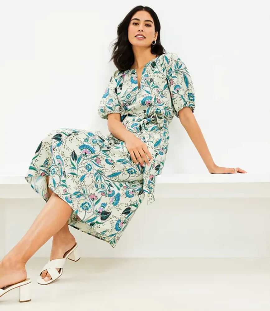 LOFT Floral V-Neck Puff Sleeve Midi Dress | Hamilton Place