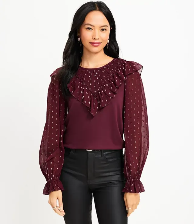 Loft Shimmer Dotted Ruffle Yoke Mixed Media Top | Hawthorn Mall