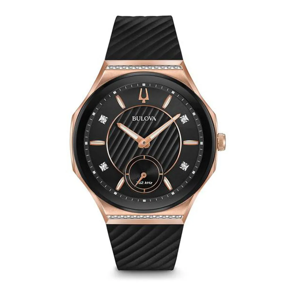 Bulova Ladies Curv Rose Gold Tone Black Rubber Strap Watch