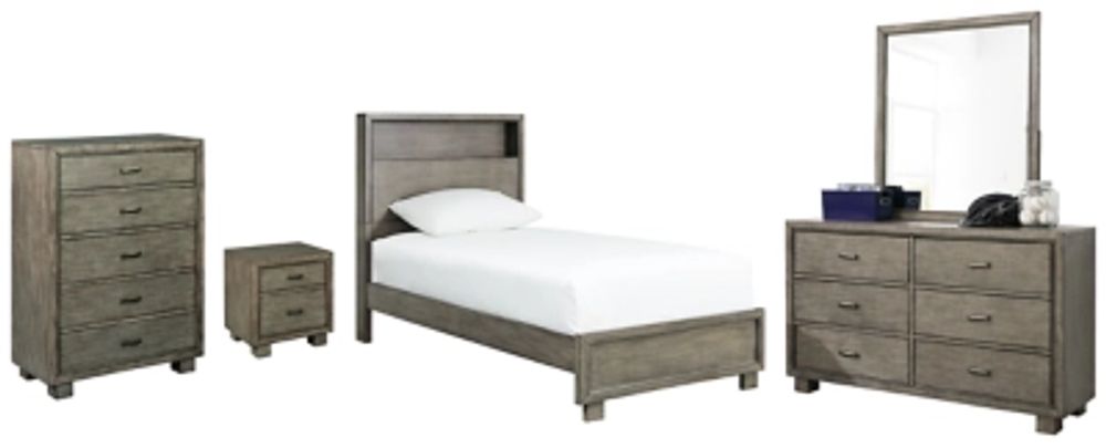 Ashley Arnett Twin Bookcase Bed with Mirrored Dresser Chest and