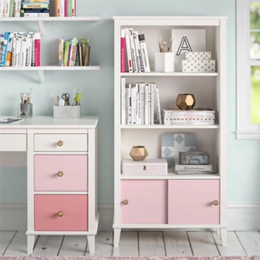 Pink and store white bookcase