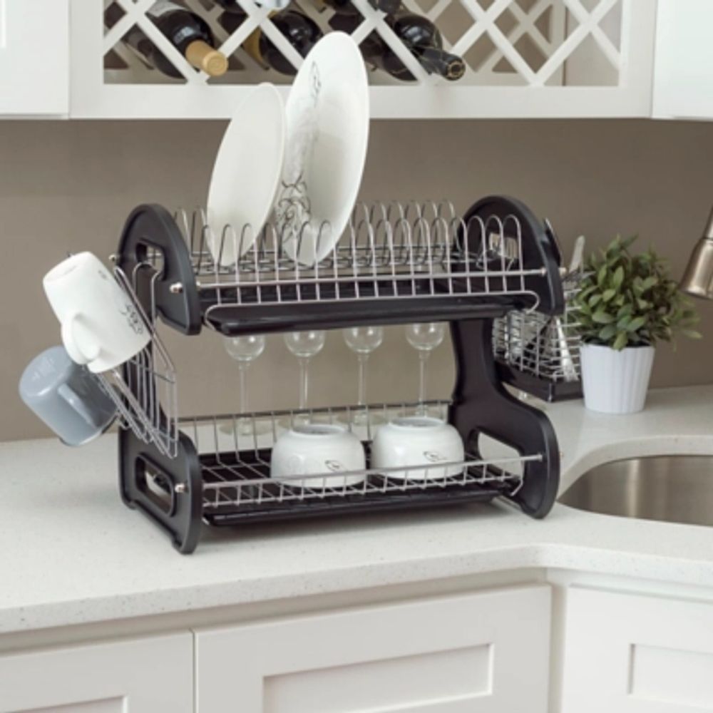 Black two tier online dish drainer