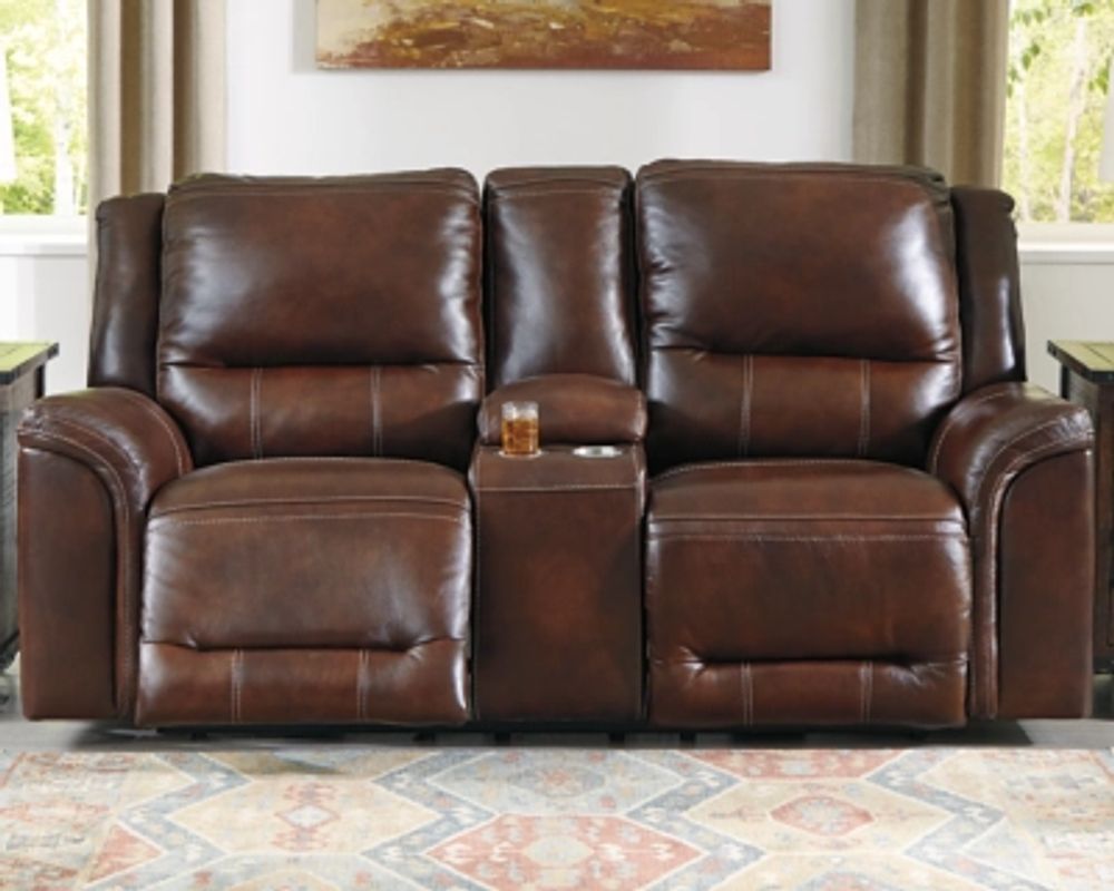 Ashley furniture rackingburg leather deals reclining sofa in mahogany