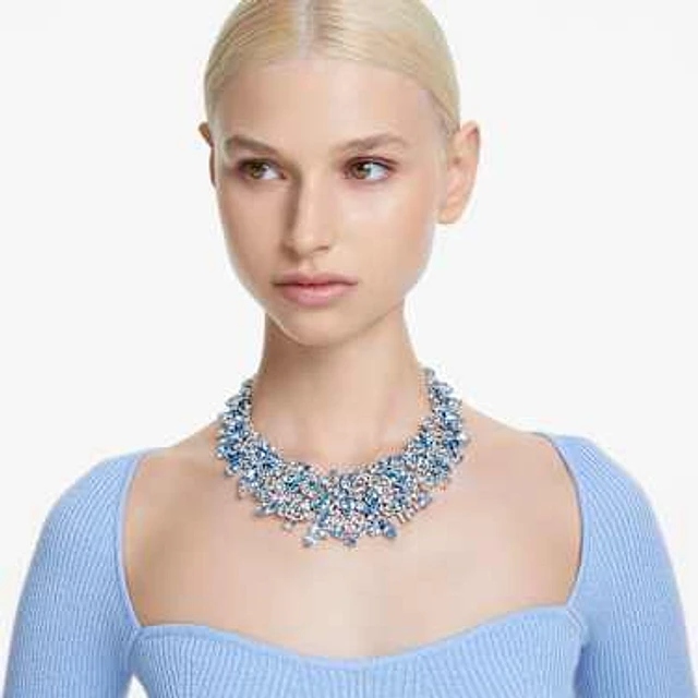 Swarovski Gema necklace, Mixed cuts, Blue, Rhodium plated by