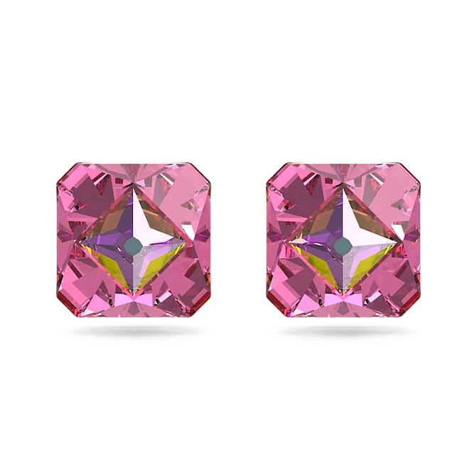 Swarovski Matrix stud earrings, Pyramid cut, Pink, Gold-tone