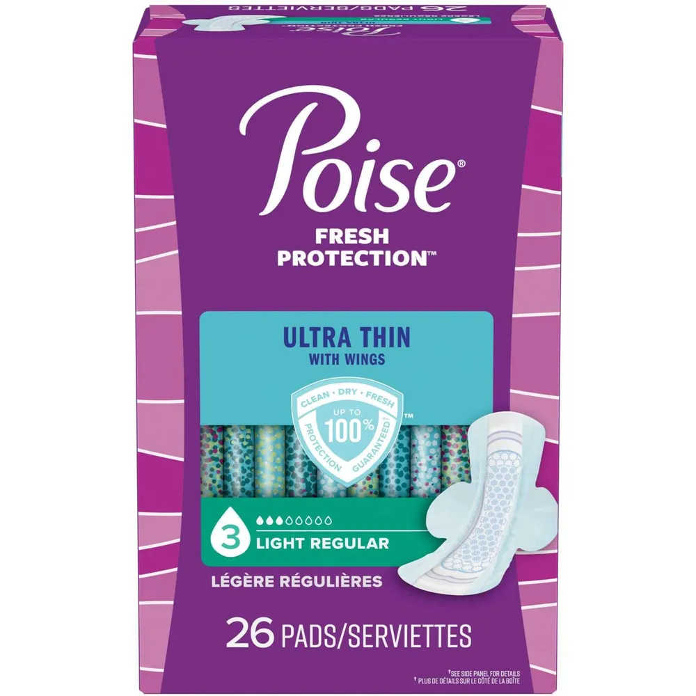 Poise Ultra Thin Postpartum Incontinence Pads with Wings, Light