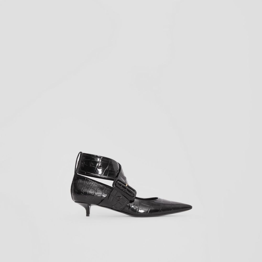 Burberry Embossed Leather Kittenheel Pointtoe Pumps Black Women