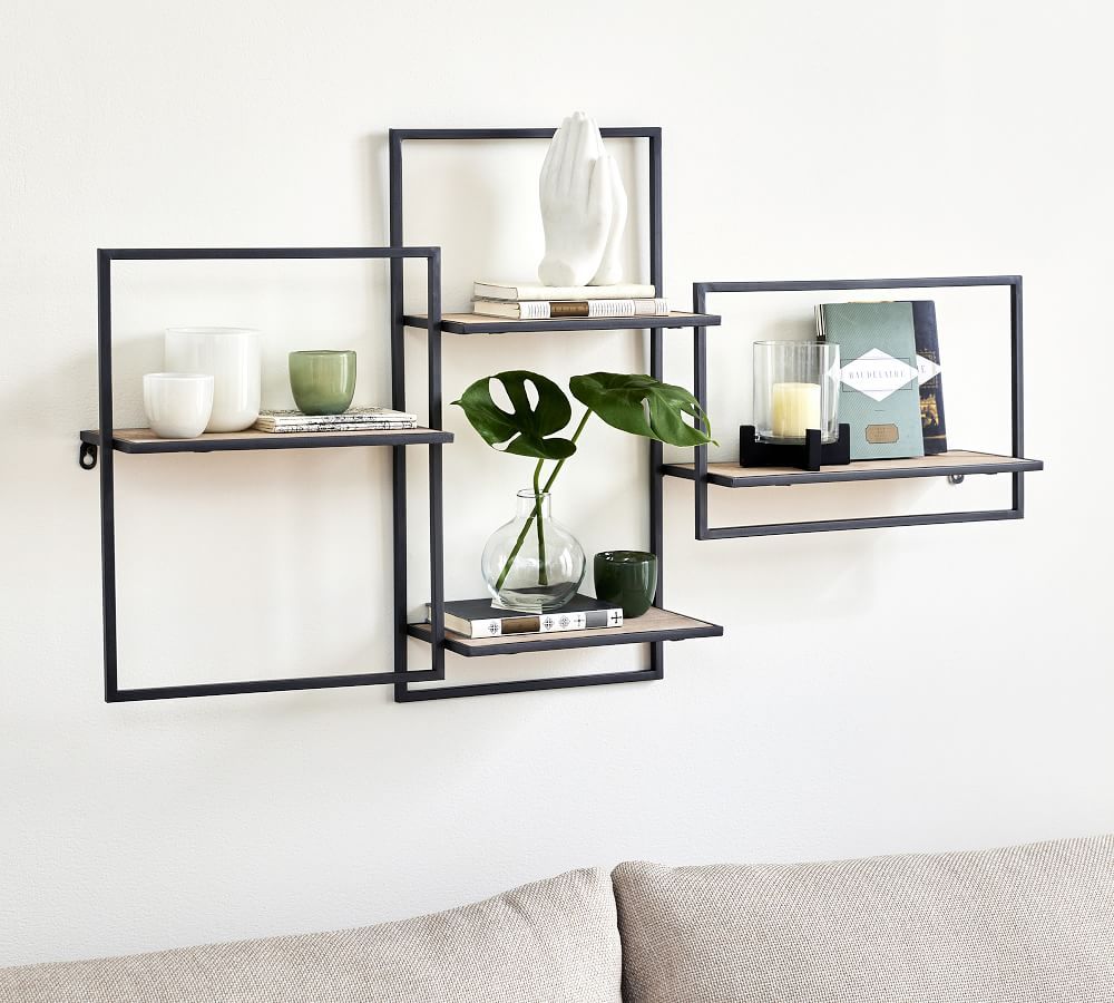 Pottery Barn Tucker Repurposed Wood & Horizontal Metal Wall Shelf The
