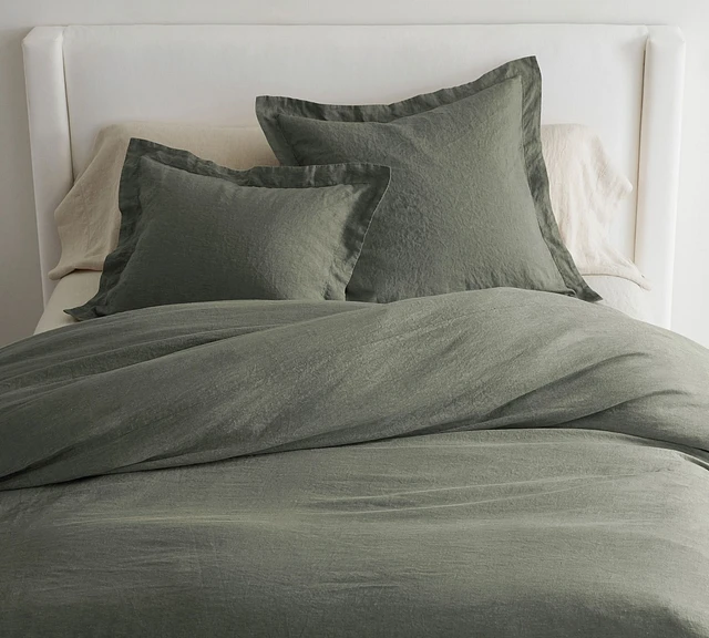 Pottery Barn Belgian top flax Linen Duvet sage queen