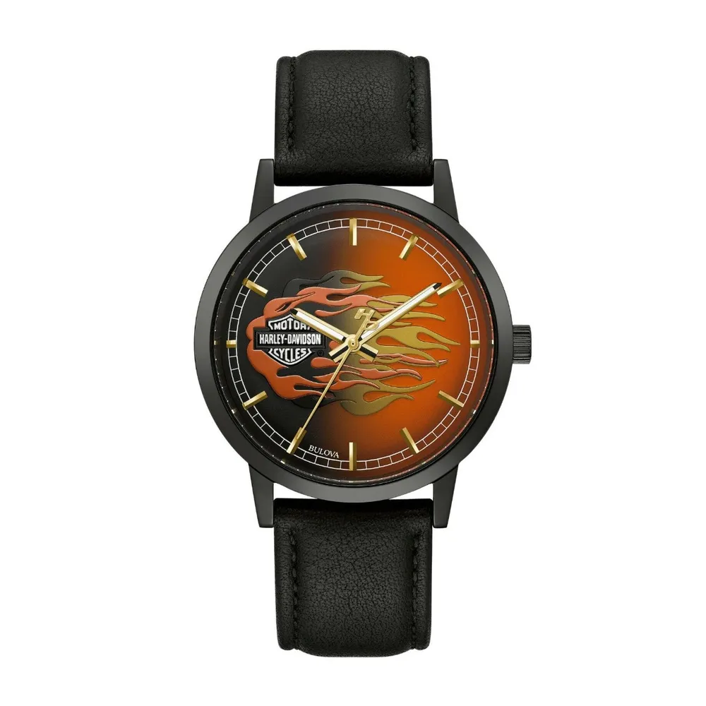 Harley Davidson Men s Black Stainless Steel Watch with Flame Dial