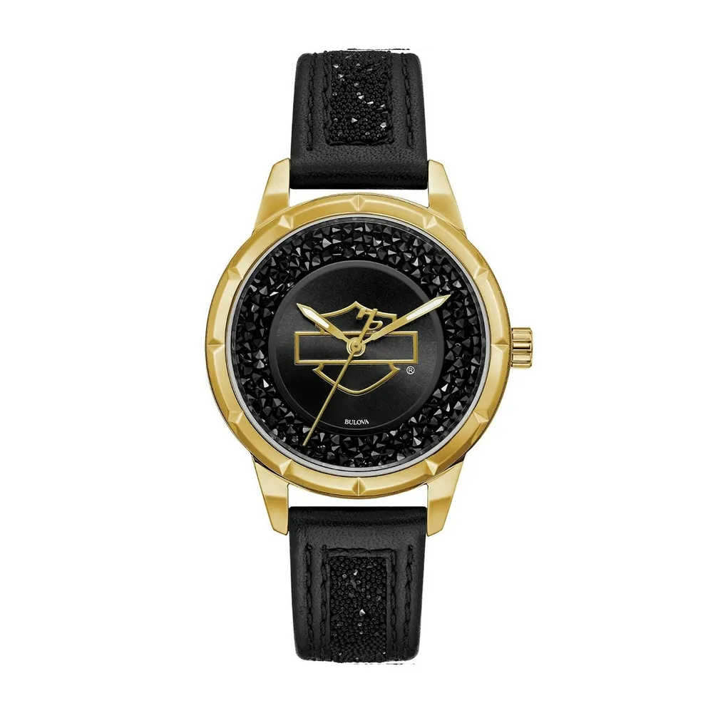 Harley Davidson Gold Tone Stainless Steel Watch with Black Crystal