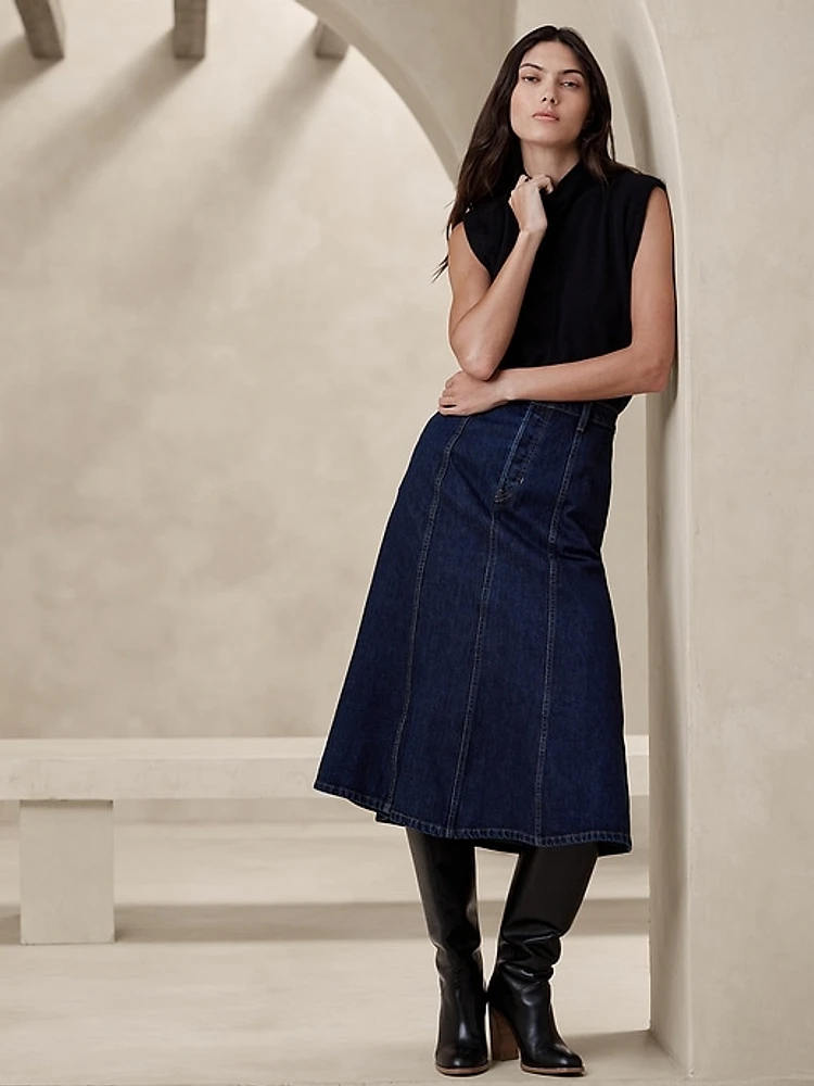 【BAON】Poje Denim Pleats Brushed Midi Skirt Brushed Denim Pintucked Skirt – Tibi Official