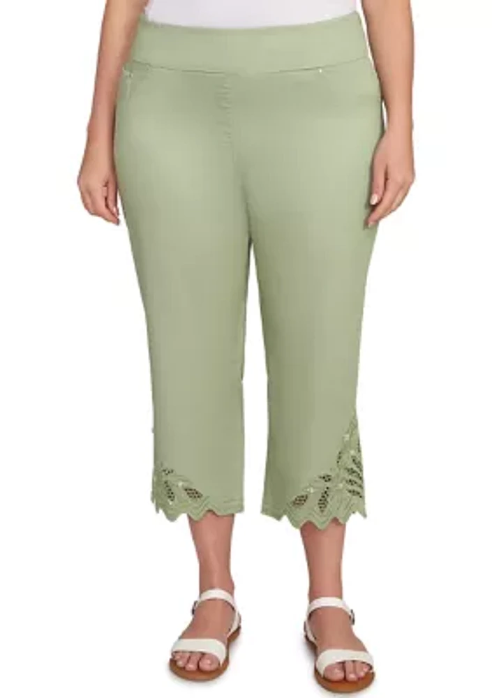 Ruby Rd Plus Pull On Soft Denim Lace Inset Capri Pants | Hamilton Place