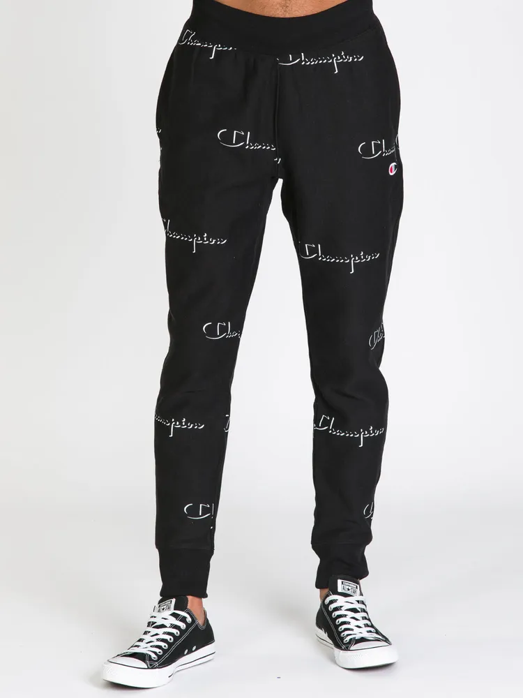 Champion reverse weave allover script black jogger discount sweatpants