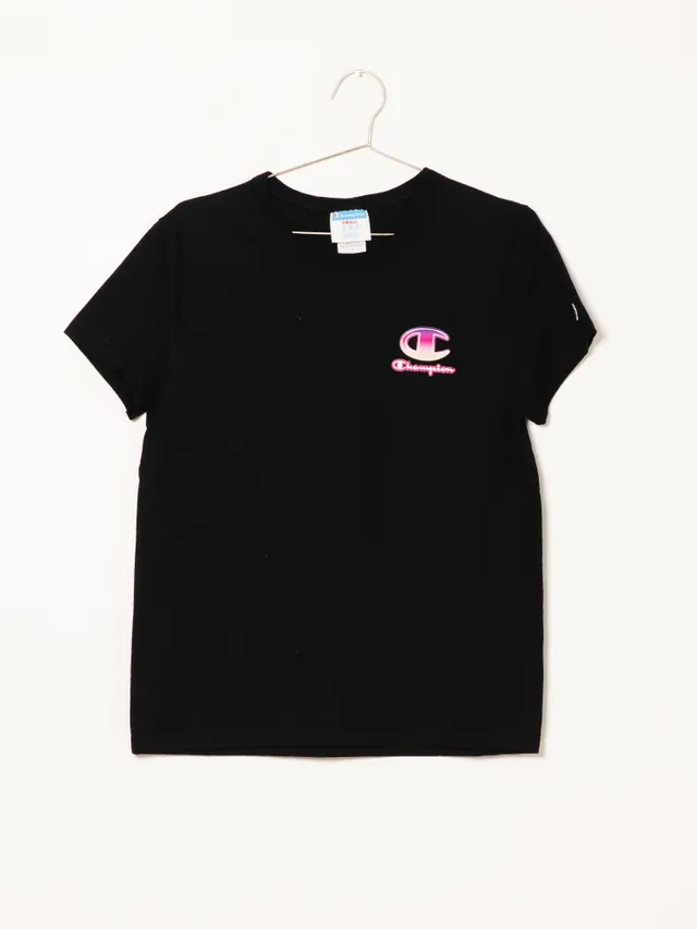 Black champion shirt store with pink writing