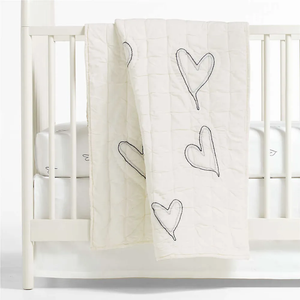Crate Barrel Charcoal Heart Organic Cotton Baby Crib Fitted Sheet