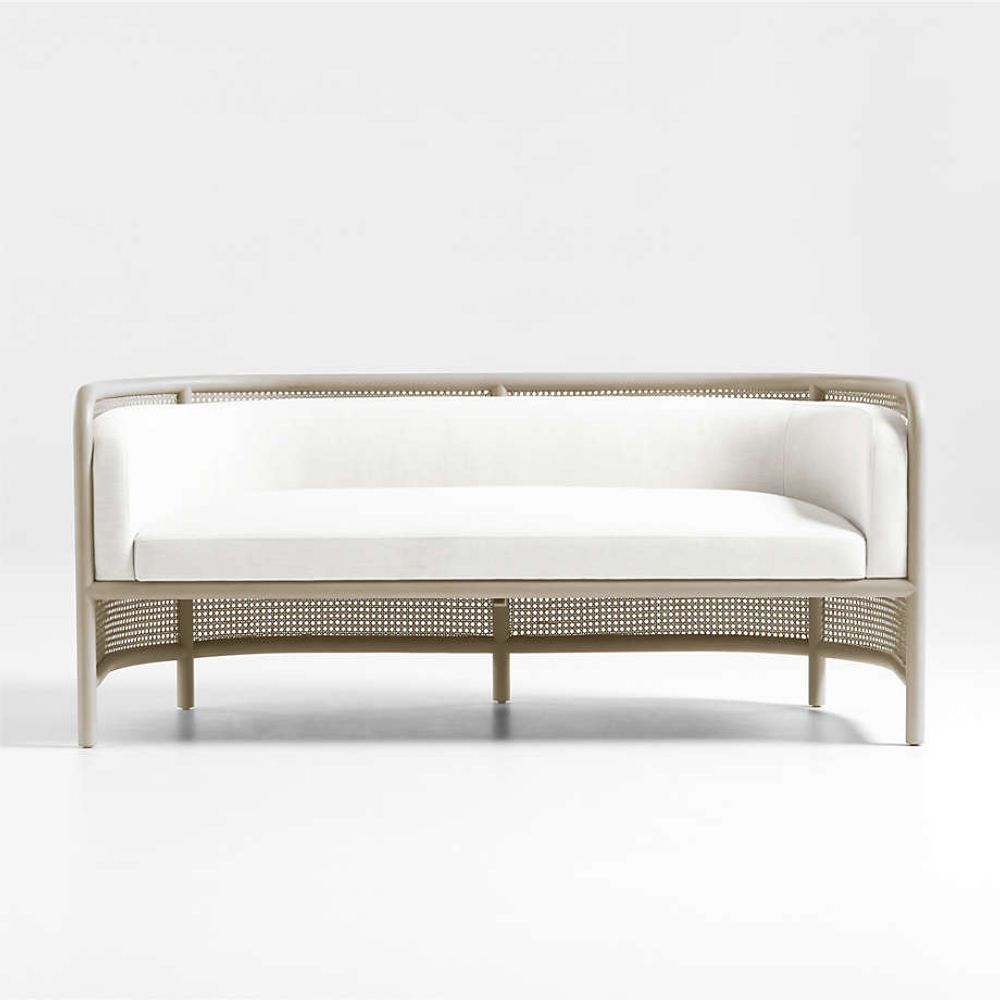 Crate Barrel Fields White Wash Cane Settee with White Cushion by