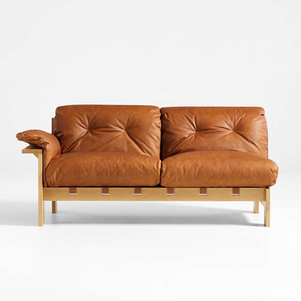 Leather sofa with wood arms top
