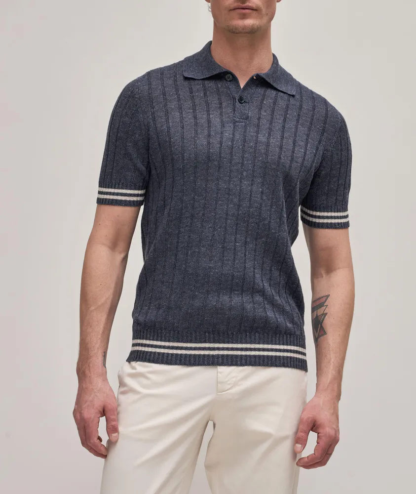 Brunello Cucinelli Linen-Cotton Wide Rib Knit Mélange Polo