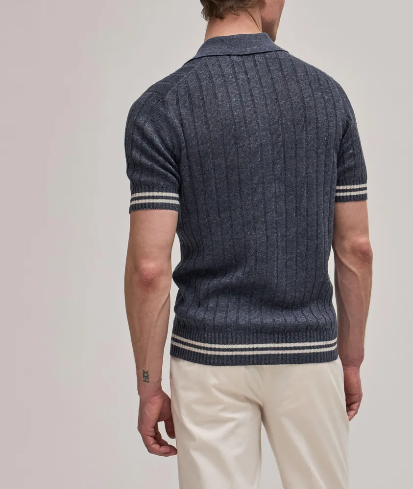 Brunello Cucinelli Linen-Cotton Wide Rib Knit Melange Polo