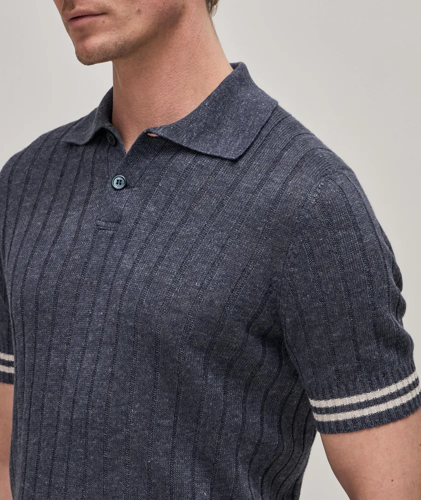 Brunello Cucinelli Linen-Cotton Wide Rib Knit Melange Polo