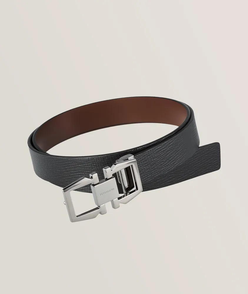 Ferragamo Crosshatch Leather Double Gancini Belt Square One