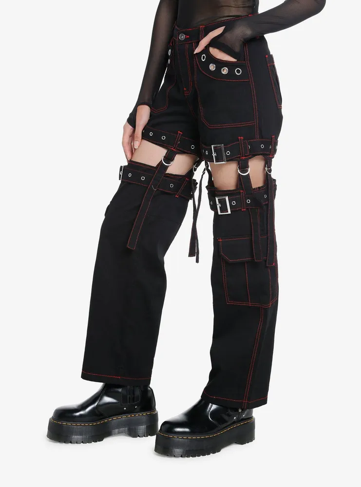 Hot Topic Social Collision Red Contrast Stitch Garter Carpenter Pants