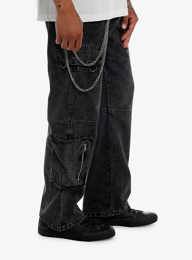 Hot Topic Social Collision Black Acid Wash Denim Cargo Pants Hot Topic Social Collision Black Acid Wash Denim Cargo Pants