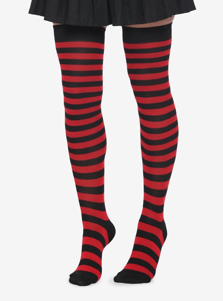 White thigh high outlet socks with red stripes