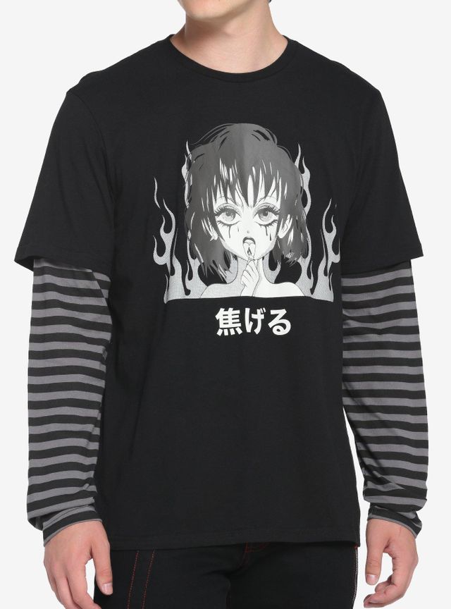 Hot Topic Black & Grey Stripe Anime Girl Twofer Long-Sleeve T 