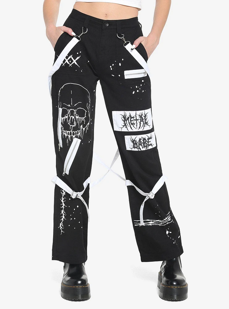 Hot Topic Black & White Suspender Hi-Rise Carpenter Pants at