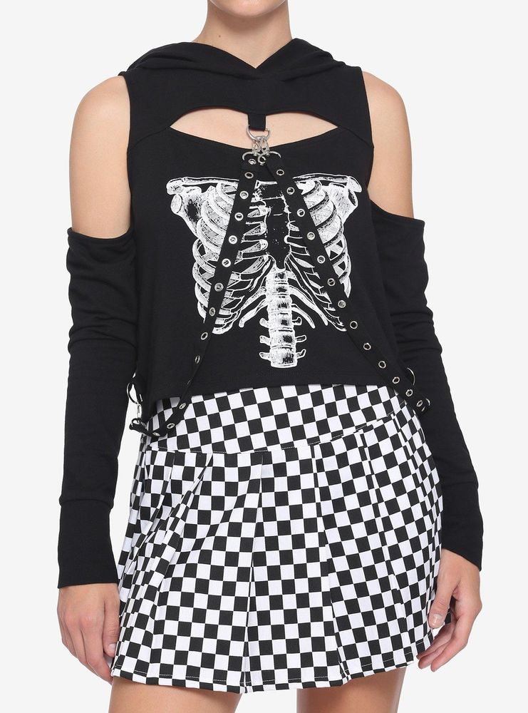 Hot Topic Skeleton Rib Cage Cutout Grommet Strap Girls Crop Hoodie ...