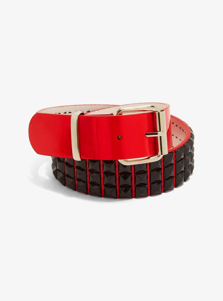 Hot Topic Three Row Black Pyramid Stud Red Patent Belt at