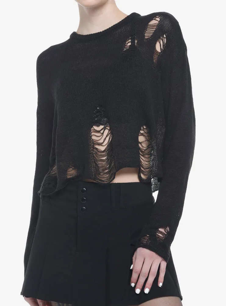 Hot Topic Black Distressed Girls Crop Sweater | CoolSprings Galleria