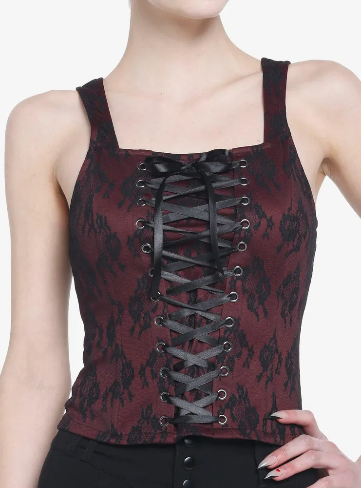 Hot Topic Burgundy & Black Lace-Up Girl Corset Top | Liberty Center
