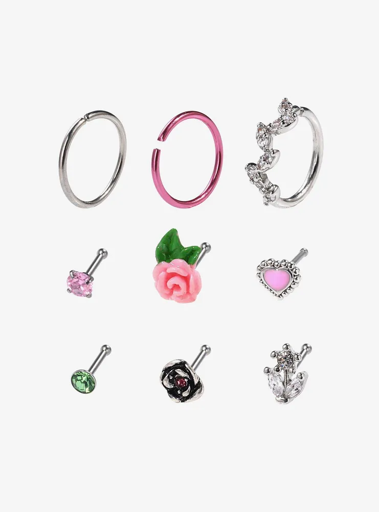 Hot Topic Steel Rose Heart Nose Stud & Hoop 9 Pack | Hamilton Place