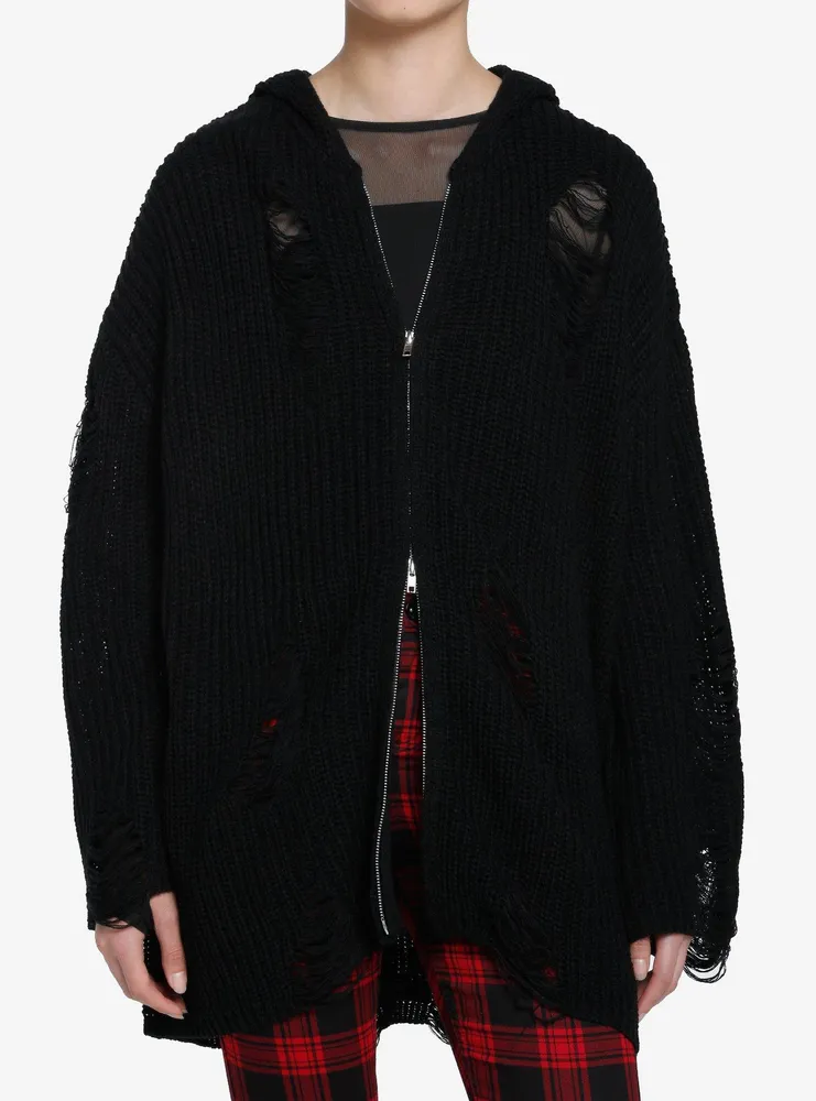 Hot Topic Social Collision Black Distressed Knit Girls Cardigan