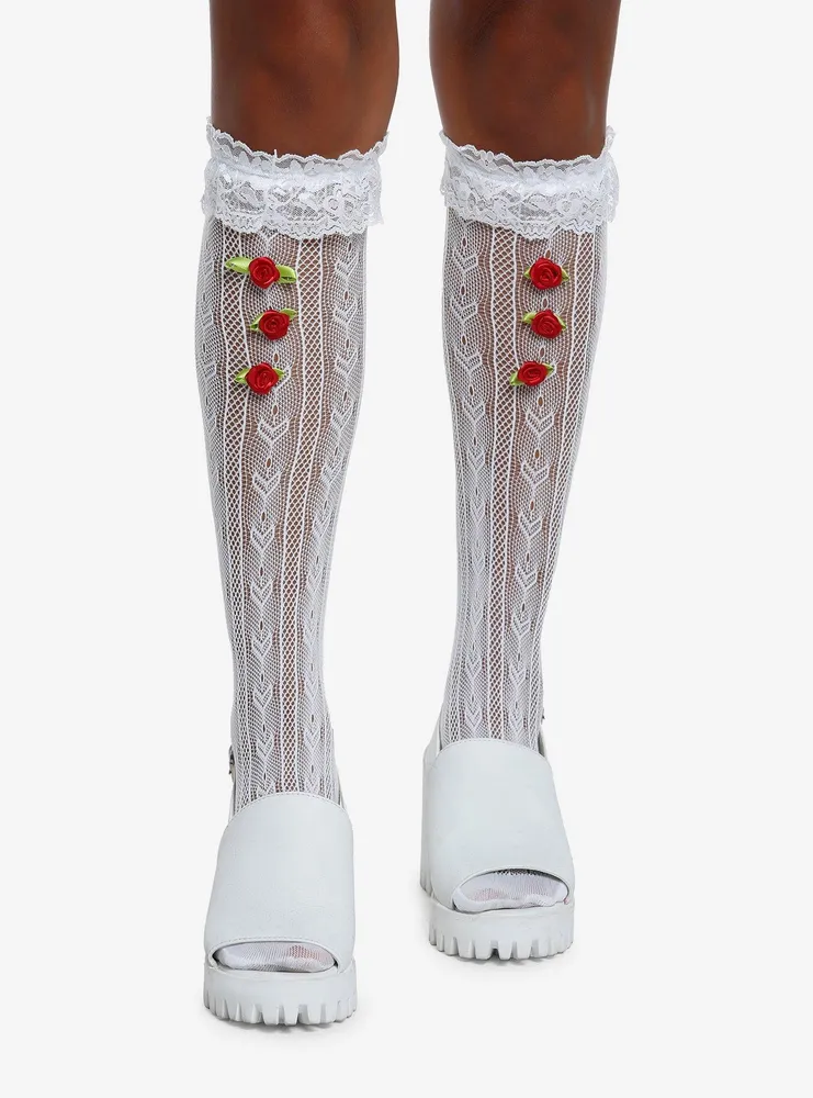 Hot Topic White Ruffle Rose Knee High Socks | Hamilton Place