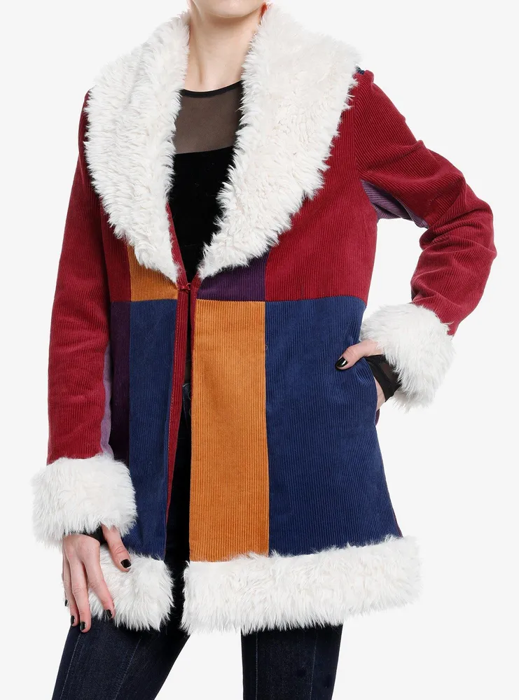 Colour block discount faux fur coat