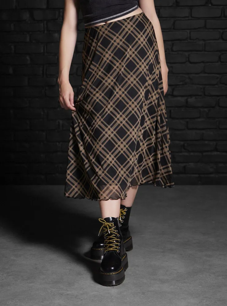 Brown plaid midi skirt sale